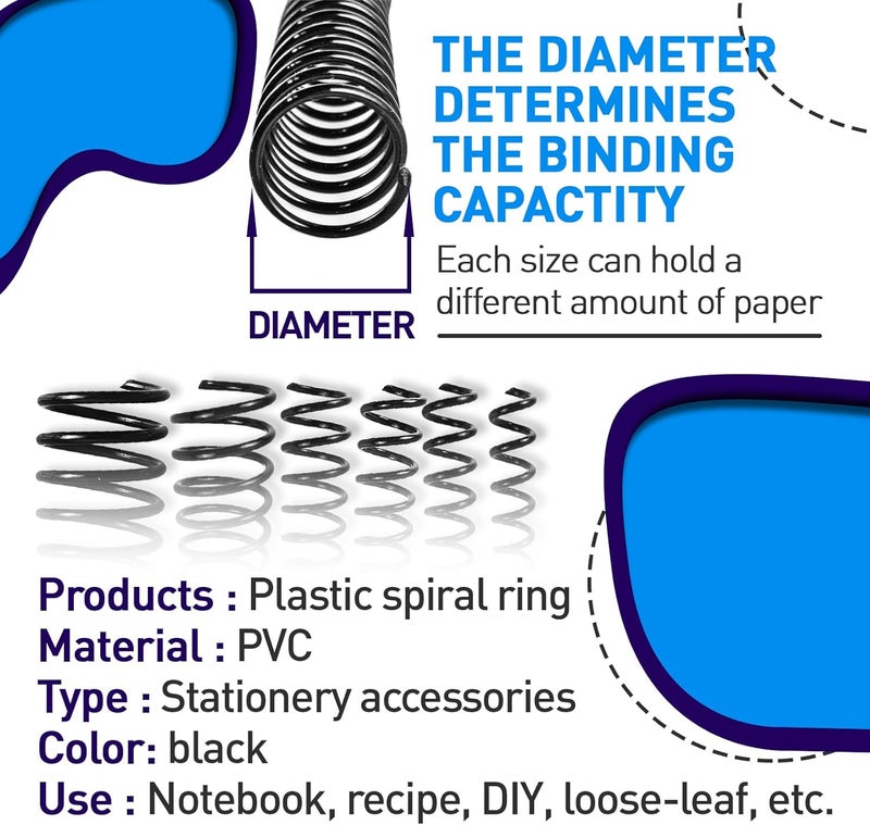 KOTESLLOE 150 Pack Spiral Binding Coils, 4:1 Pitch Plastic Binding Coils Kit, 6 Different Sizes Spiral Coils for Binding 1/4", 5/16", 3/8", 1/2", 5/8", 3/4", Black Binding Spirals - Image 3